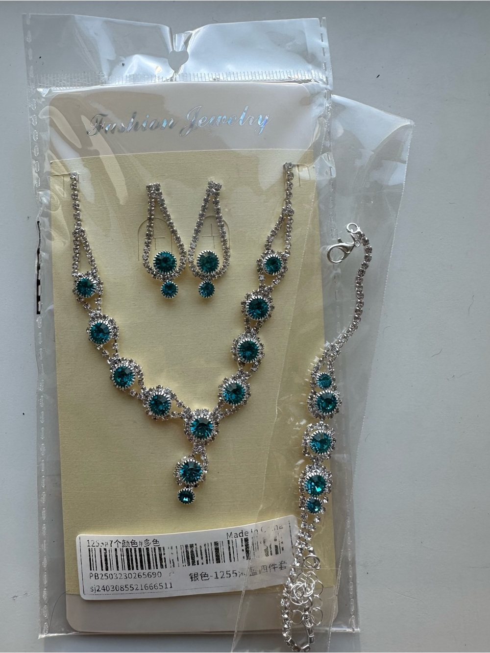 Fashion Jewelry Teal Crystal Necklace, Earrings & Bracelet Set - Silver-Tone